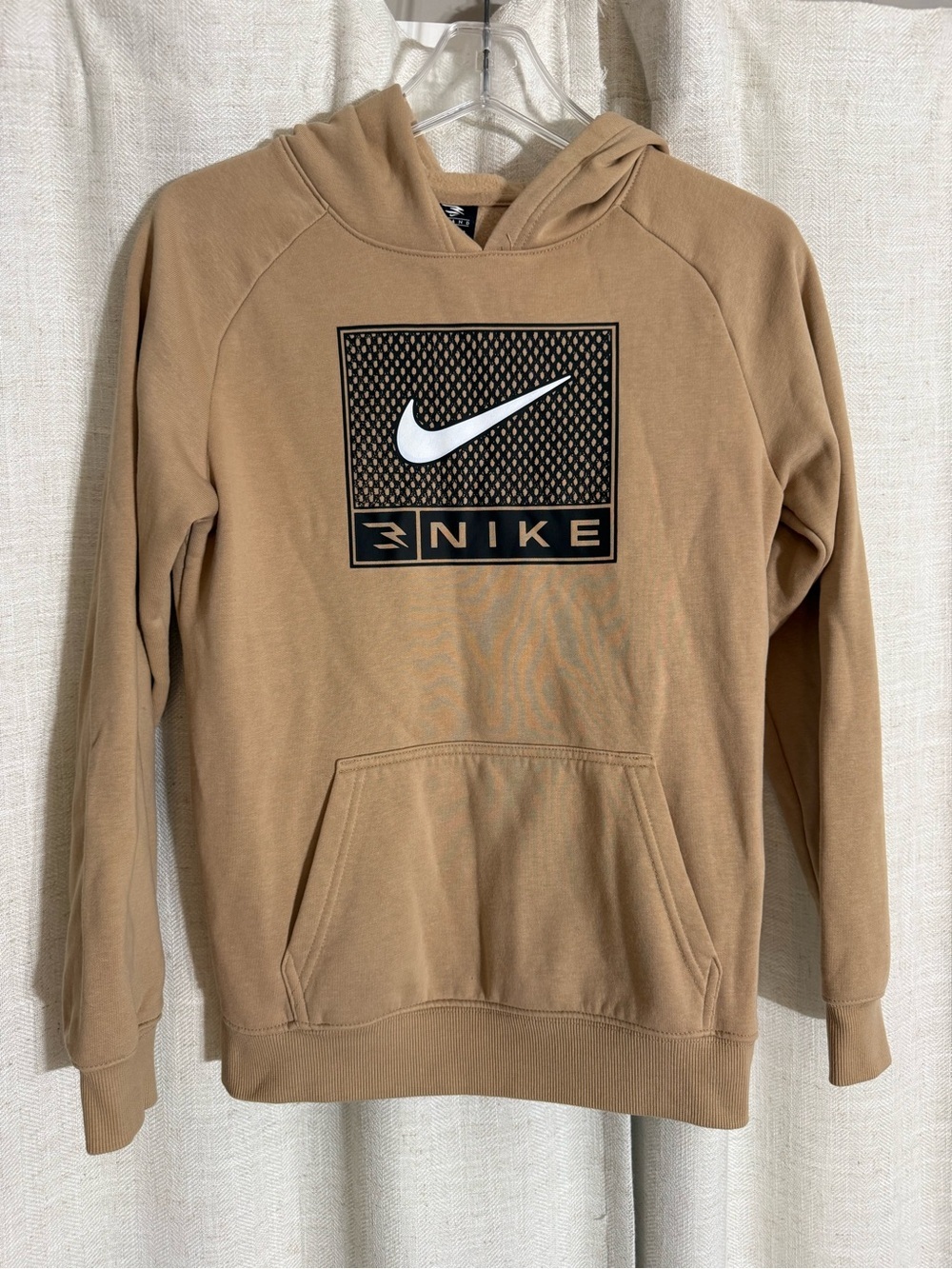Nike boys Tan Pullover Hoodie with White Swoosh Graphic